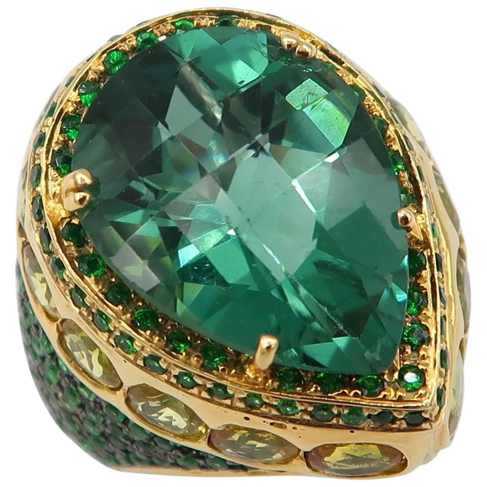 7.31 Carat Fluorite Cocktail Gold Ring Tsavorite Yellow Sapphire For Sale