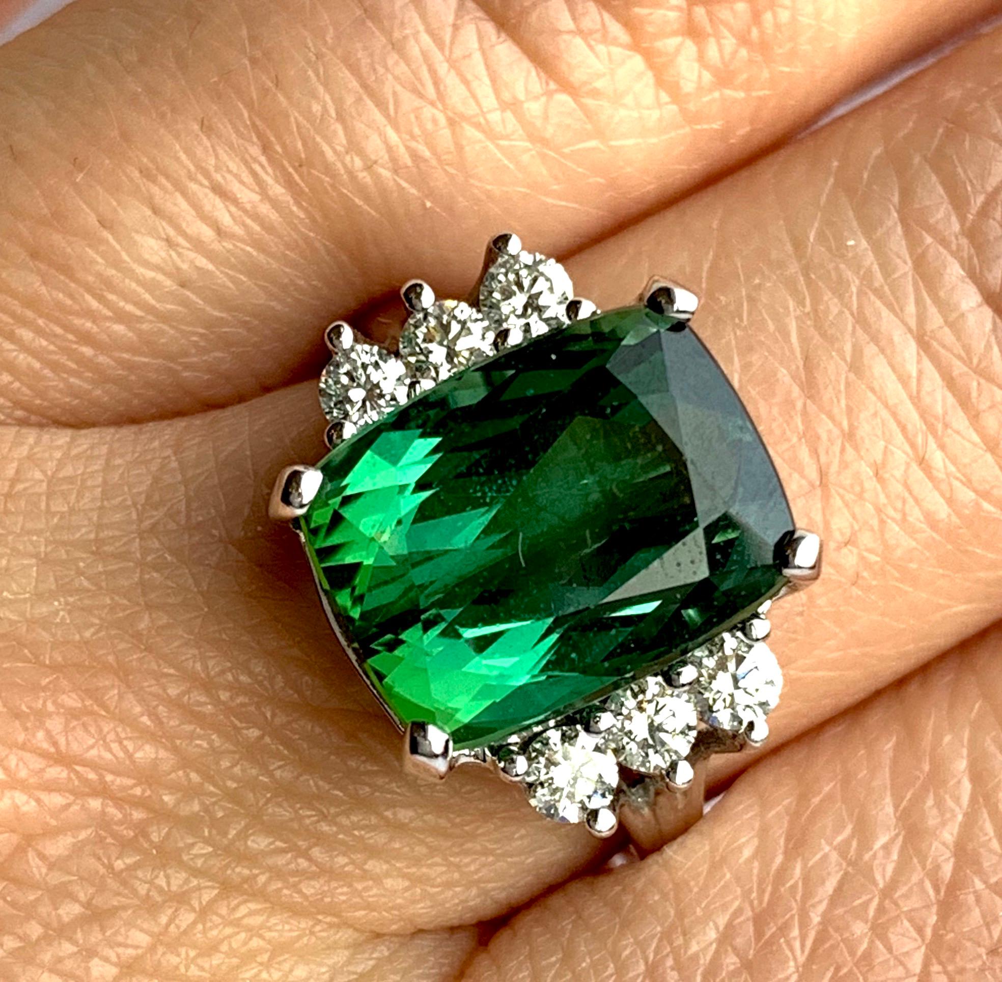 Contemporary 7.31 Carat Green Tourmaline and White Diamond Engagement Ring 14K White Gold For Sale