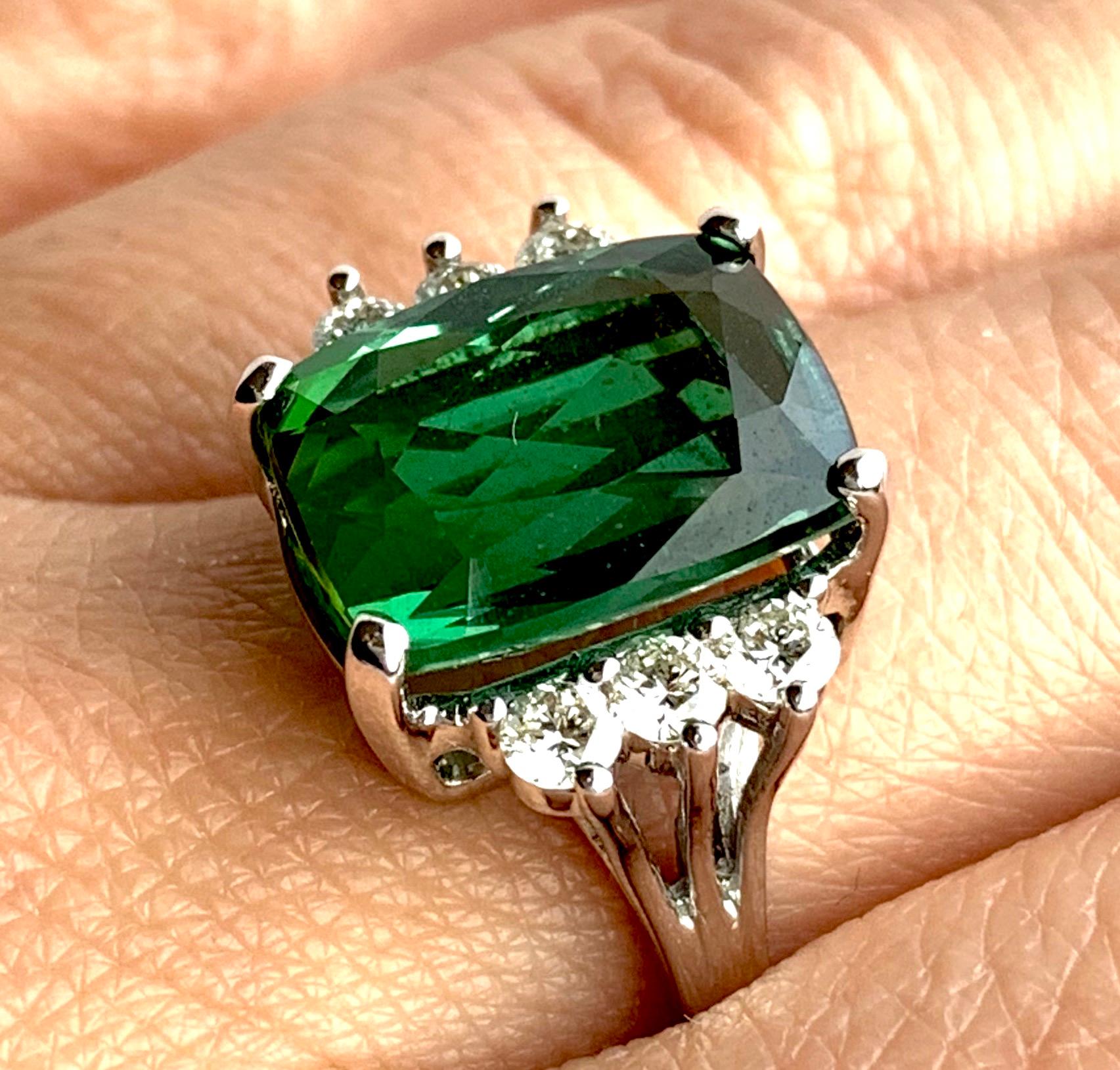 Cushion Cut 7.31 Carat Green Tourmaline and White Diamond Engagement Ring 14K White Gold For Sale