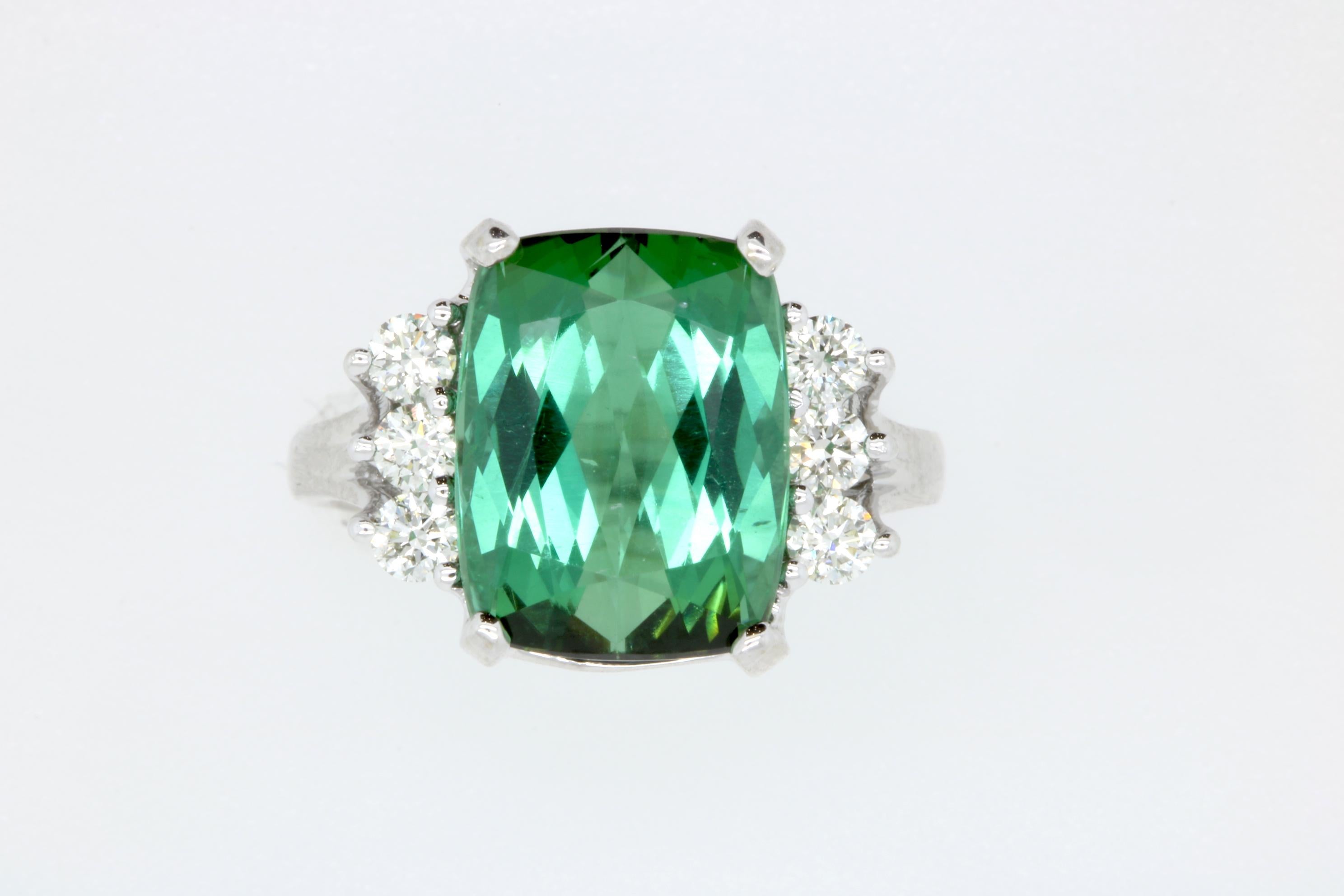 Cushion Cut 7.31 Carat Green Tourmaline and White Diamond Engagement Ring 14K White Gold For Sale