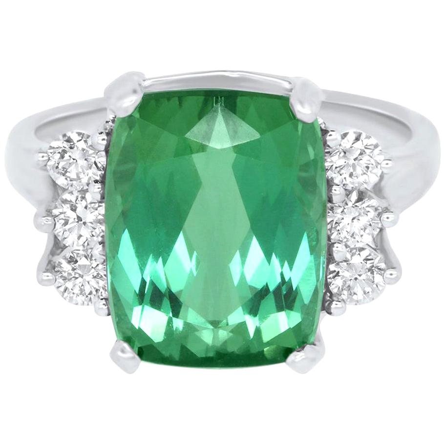 7.31 Carat Green Tourmaline and White Diamond Engagement Ring 14K White Gold