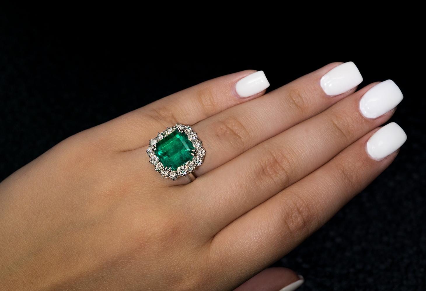 Contemporary Vintage 7.31 Carat Colombian Emerald Diamond Cluster Engagement Ring