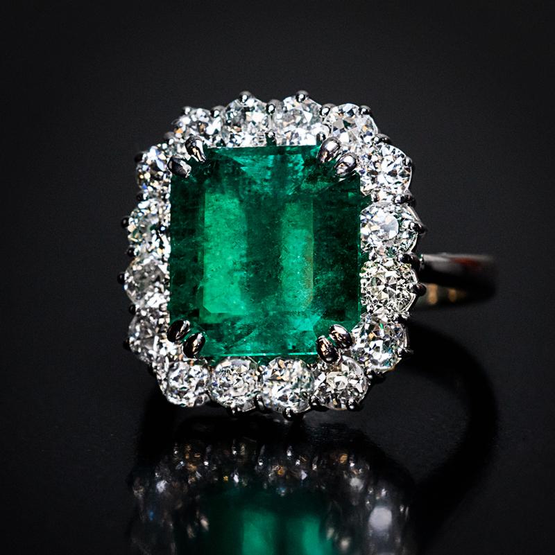 Women's Vintage 7.31 Carat Colombian Emerald Diamond Cluster Engagement Ring