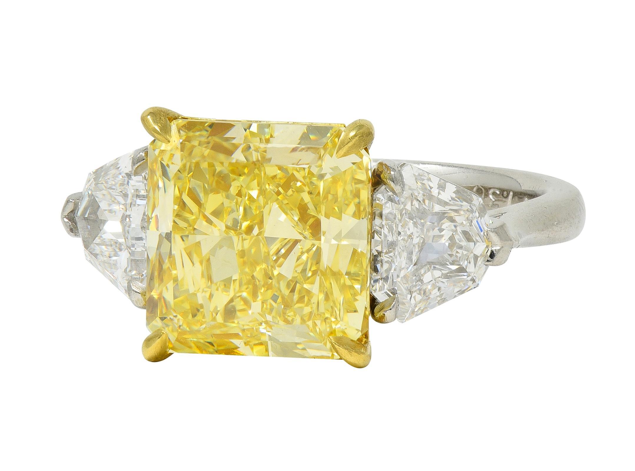 7.31 CTW Fancy Intense Yellow Diamond Platinum 18K Gold Engagement Ring GIA In Excellent Condition For Sale In Philadelphia, PA