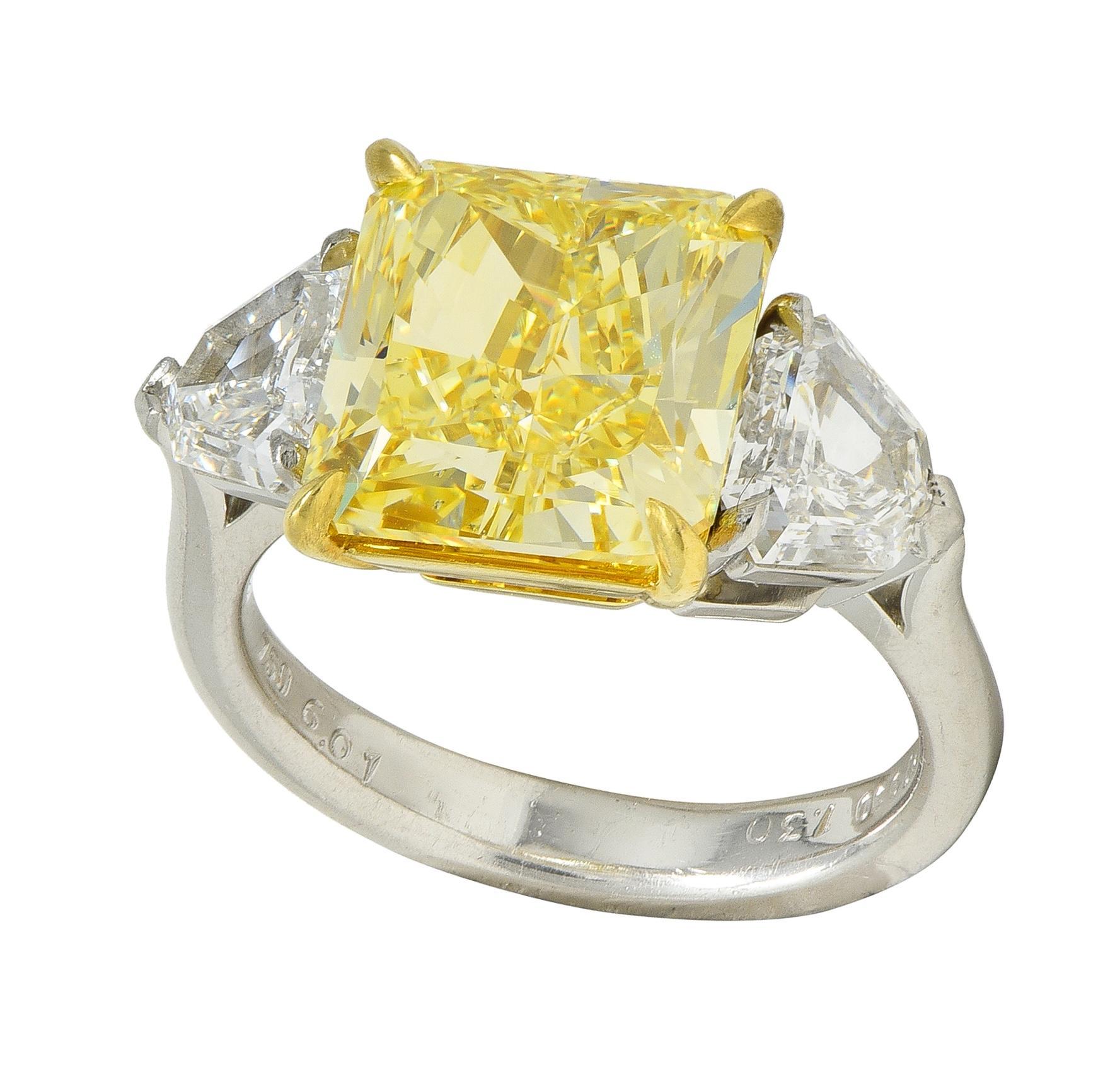 7.31 CTW Fancy Intense Yellow Diamond Platinum 18K Gold Engagement Ring GIA For Sale 2