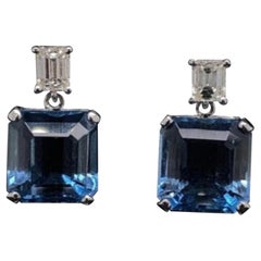 7.31ct Emerald Cut Aquamarine and Diamond Drop Earrings 18 Karat White Gold