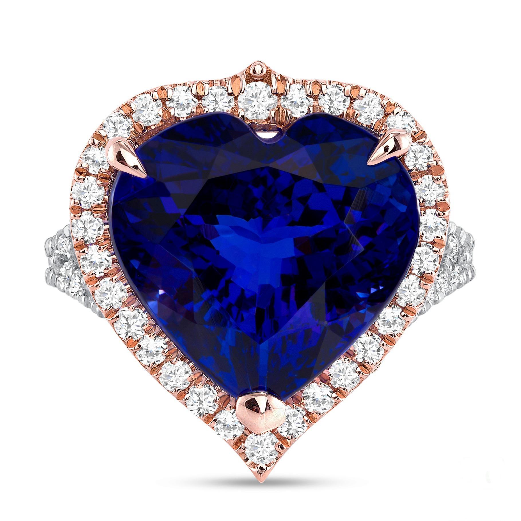 18K white with rose gold ring, featuring a 7.31-carat, heart-shaped Tanzanite, accented by 66 round diamonds totaling 0.76 carats. GIA certified.