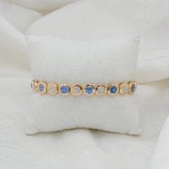 Bracelet en or jaune 14k avec diamant naturel et saphir bleu Bijoux fins
