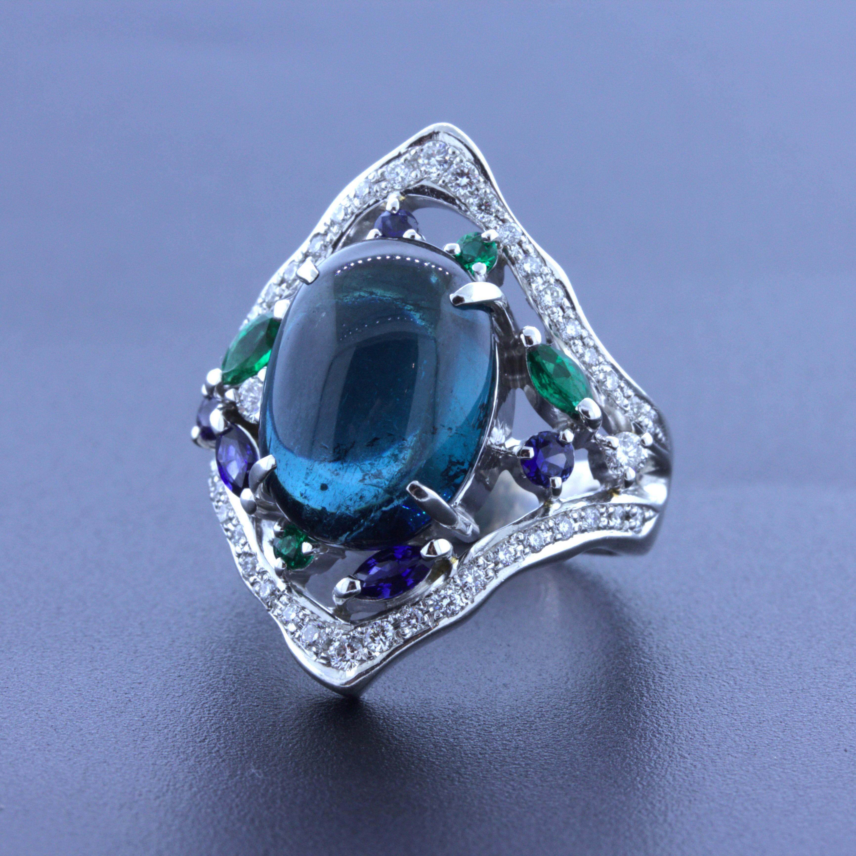 7.32 Carat Cabochon Indicolite Tourmaline Diamond Emerald Sapphire Platinum Ring In New Condition For Sale In Beverly Hills, CA