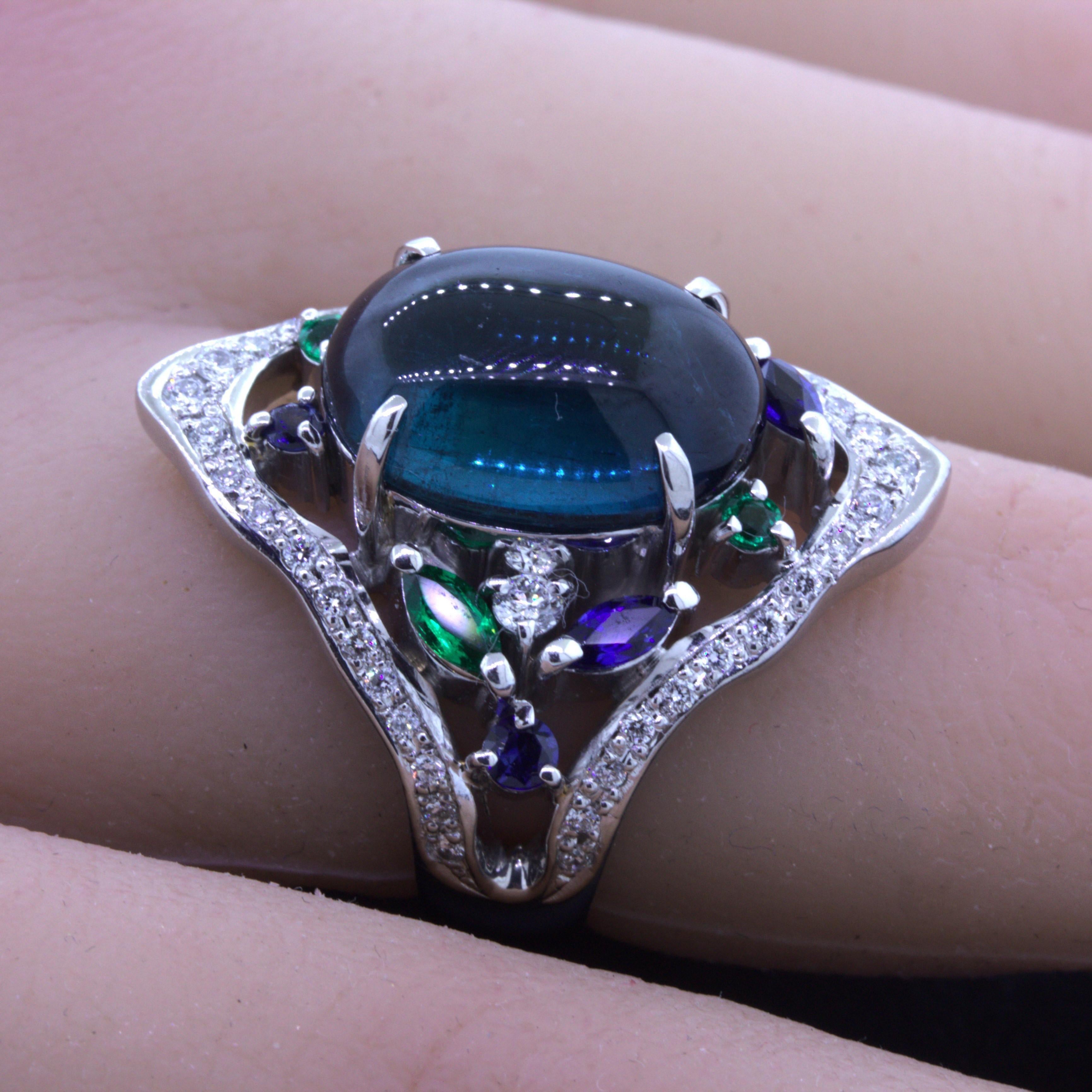 Women's 7.32 Carat Cabochon Indicolite Tourmaline Diamond Emerald Sapphire Platinum Ring For Sale