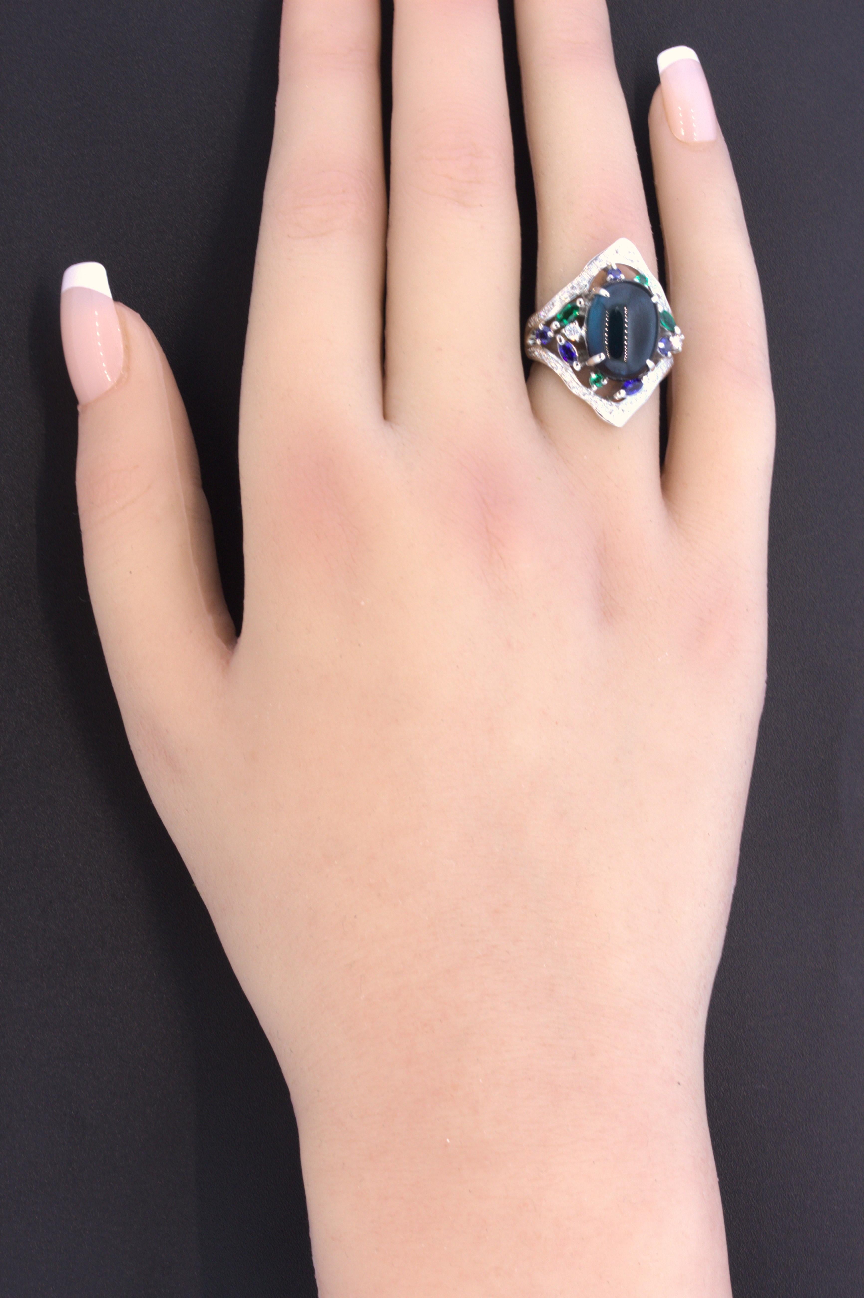 7.32 Carat Cabochon Indicolite Tourmaline Diamond Emerald Sapphire Platinum Ring For Sale 1