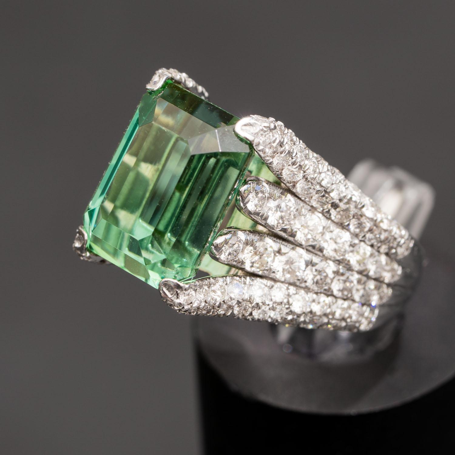 Emerald Cut 7.32 Carat Natural Green Tourmaline Ring with 1.92 Carat Natural Diamonds For Sale