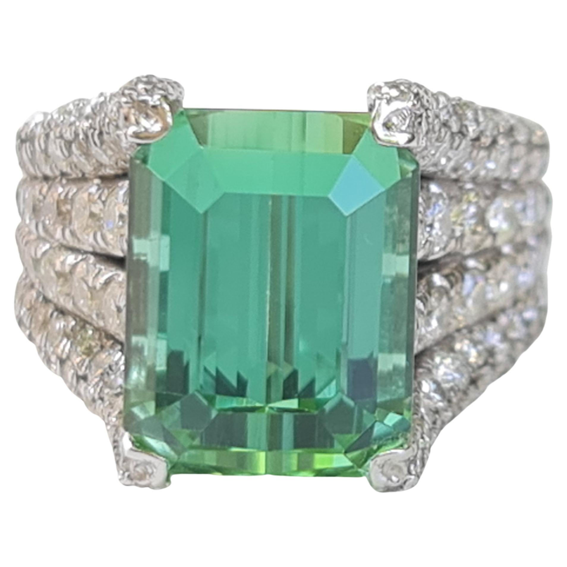 7.32 Carat Natural Green Tourmaline Ring with 1.92 Carat Natural Diamonds For Sale