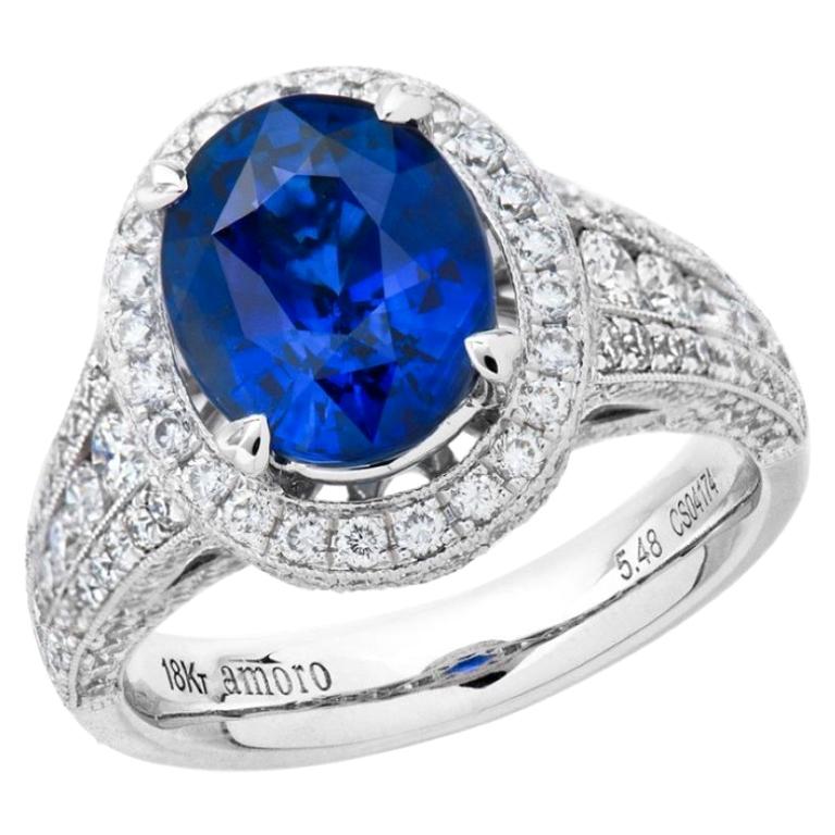 7.32 Carat Oval Cut Ceylon Sapphire and Diamond Ring in 18 Karat White Gold For Sale