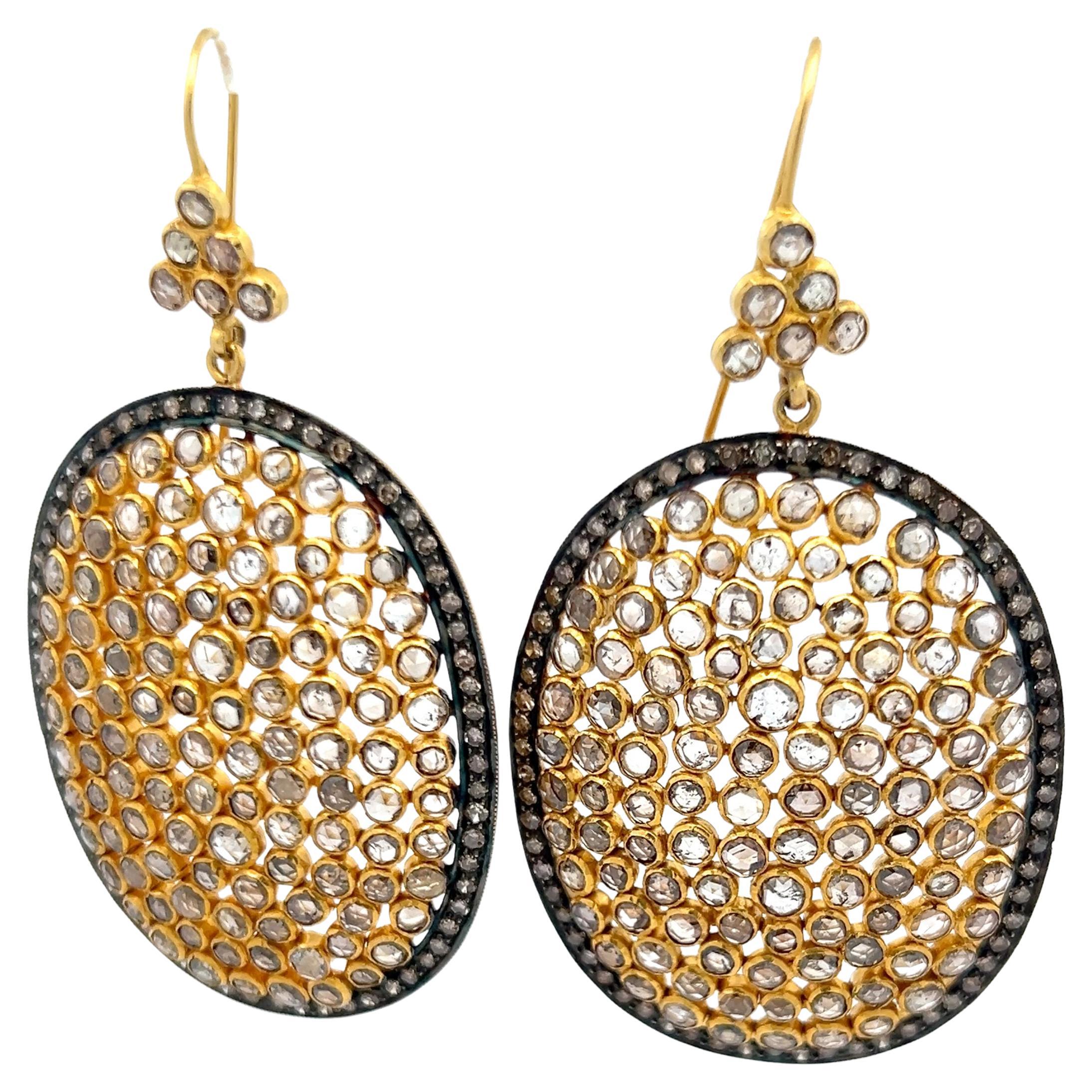 Pendants d'oreilles en or jaune 18 carats avec diamants ronds et taille rose de 7,32 carats