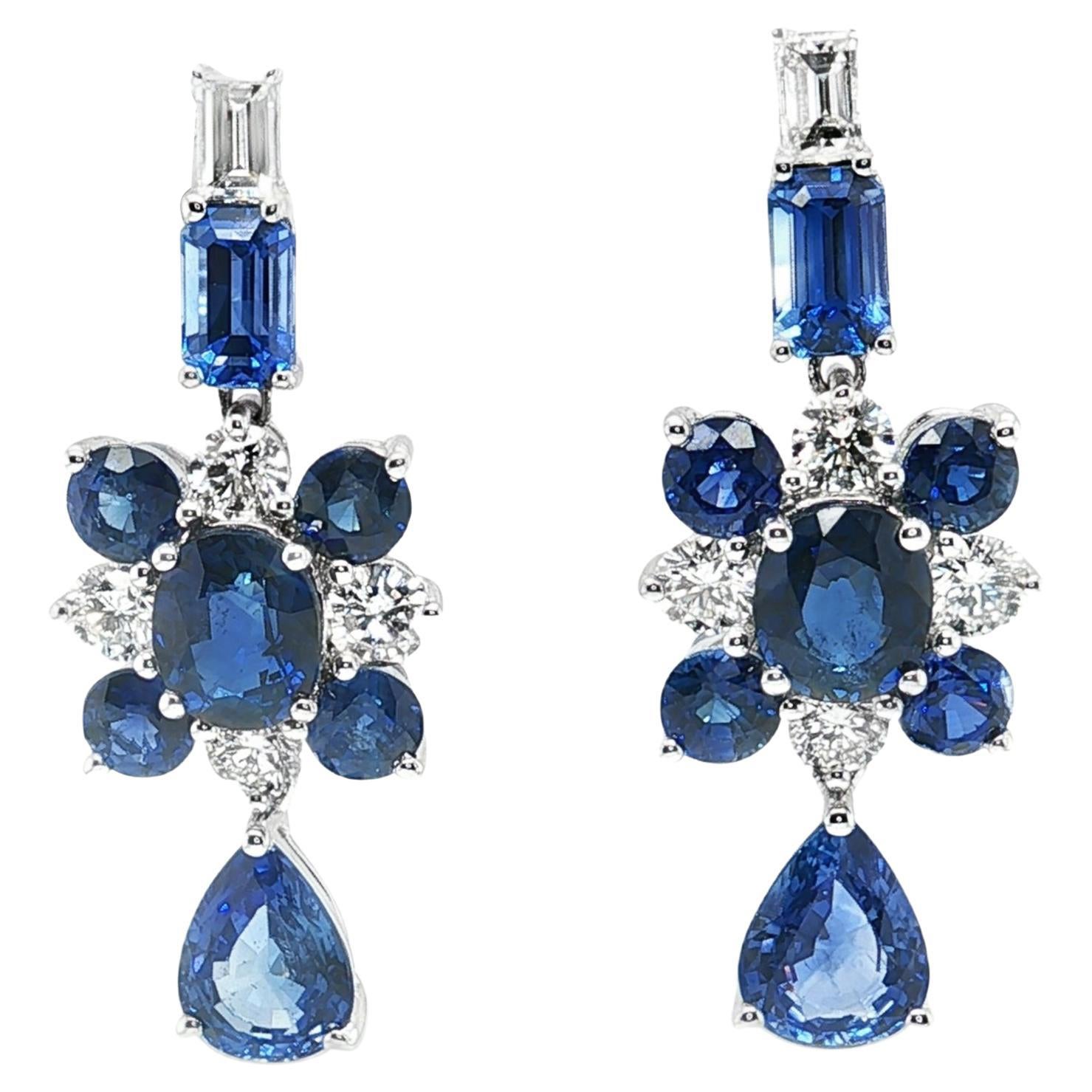7.32 Carats Total Blue Sapphire and Diamond Dangle Earrings in 18k White Gold