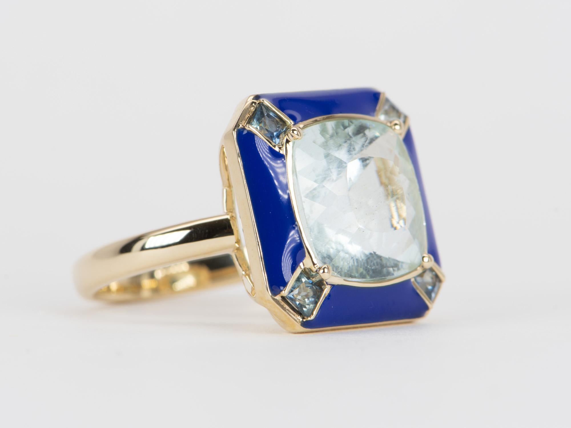 Uncut 7.32ct Galaxy Aquamarine with Teal Sapphire and Enamel Halo 9K Gold Ring R6538 For Sale