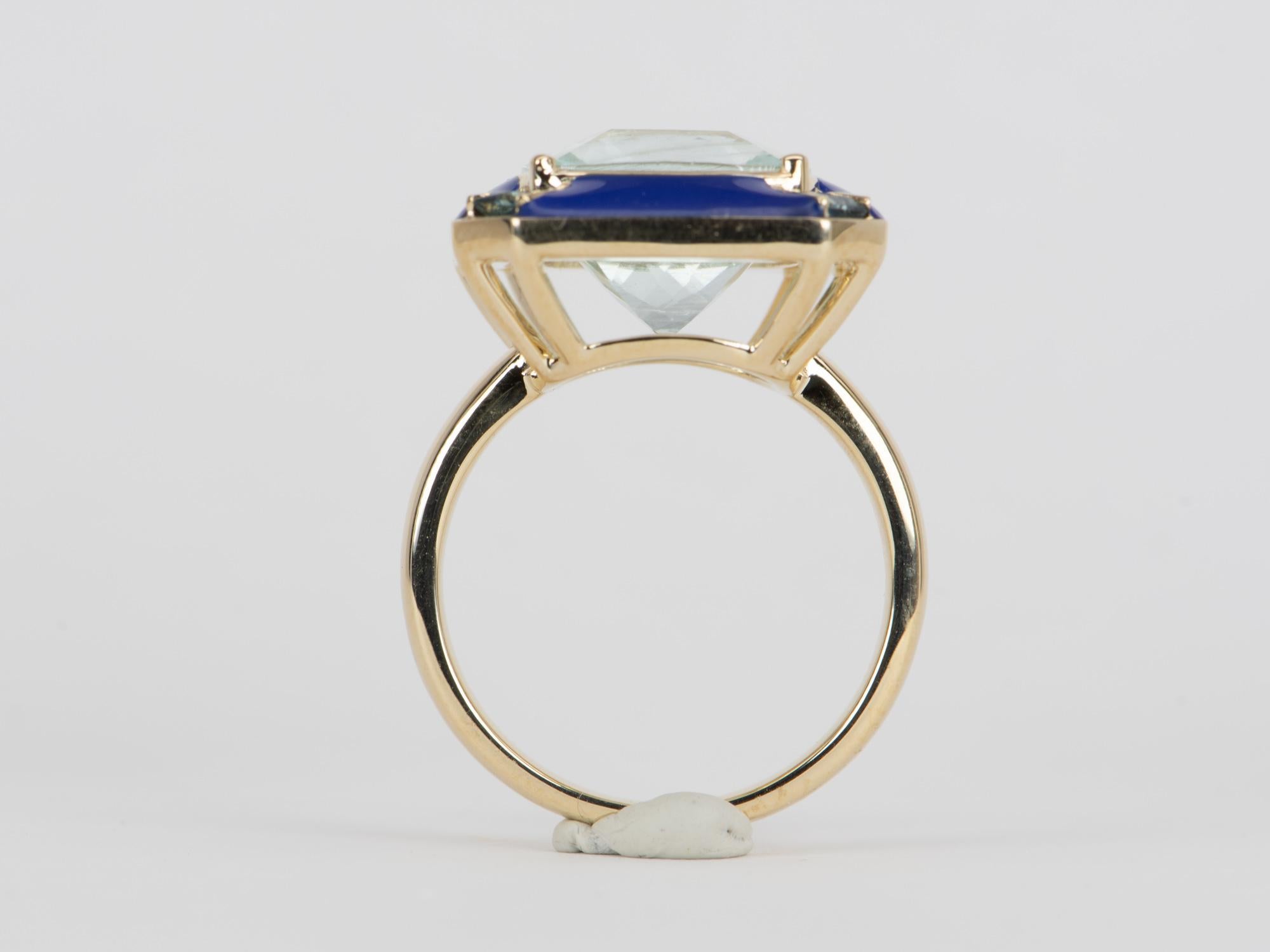 7.32ct Galaxy Aquamarine with Teal Sapphire and Enamel Halo 9K Gold Ring R6538 In New Condition For Sale In Osprey, FL