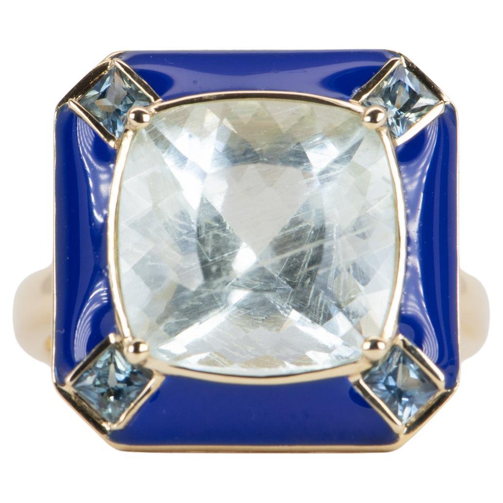 7.32ct Galaxy Aquamarine with Teal Sapphire and Enamel Halo 9K Gold Ring R6538