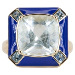 7.32ct Galaxy Aquamarine with Teal Sapphire and Enamel Halo 9K Gold Ring R6538