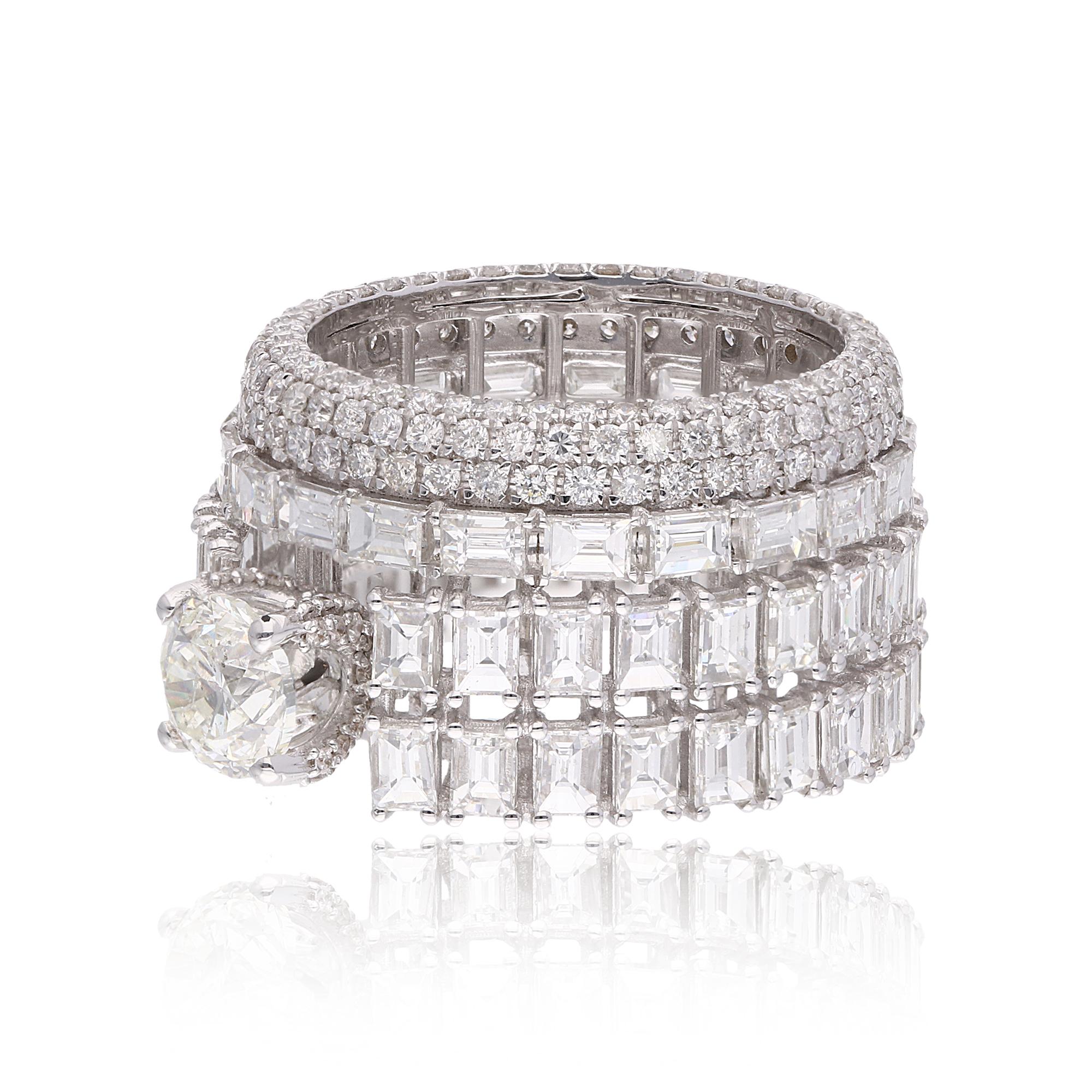Moderne Bague de fiançailles en or blanc 14 carats avec diamants ronds et baguettes H/SI de 7,33 carats en vente