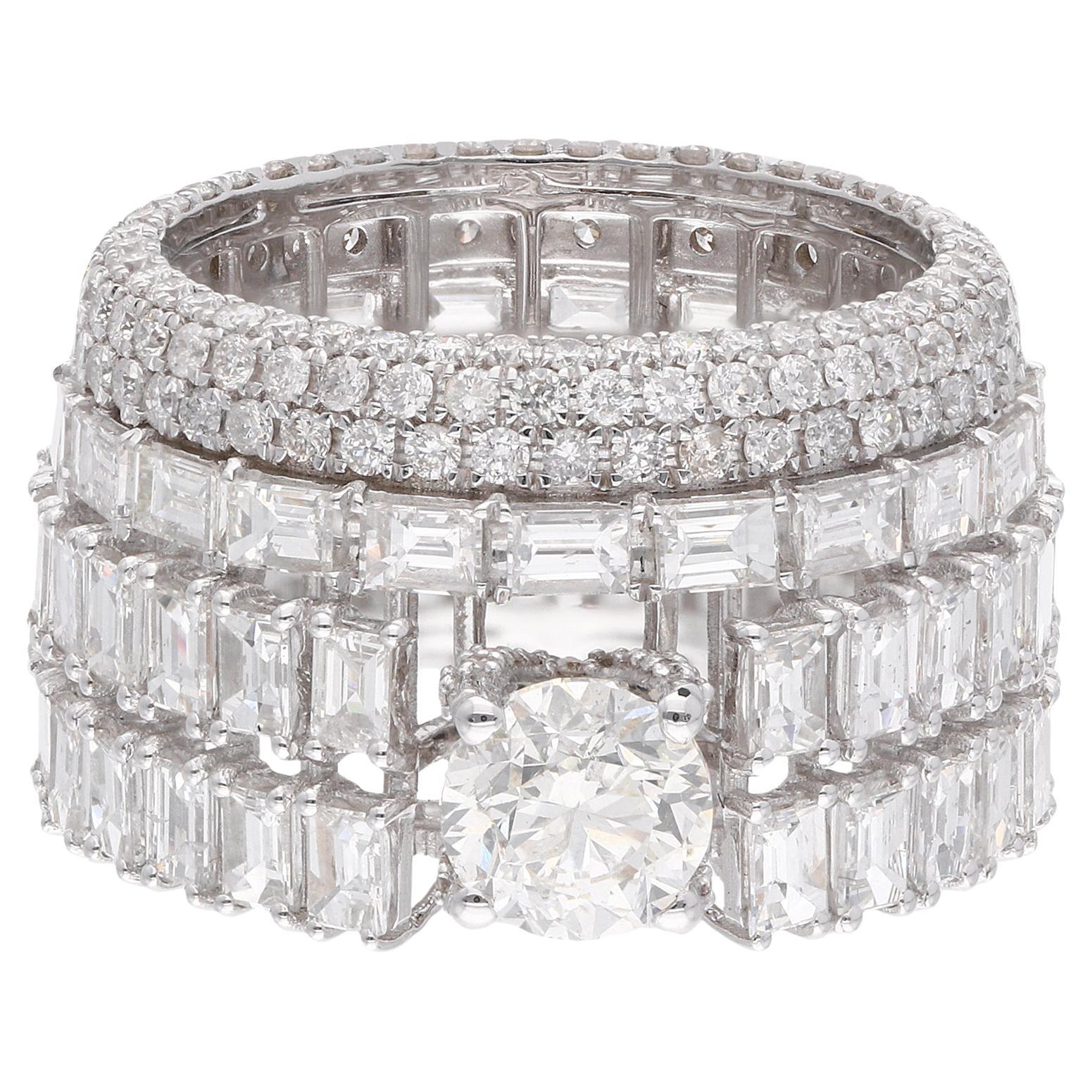 Anello di fidanzamento con diamante tondo a baguette da 7,33 carati H/SI Gioielli in oro bianco 14k in vendita