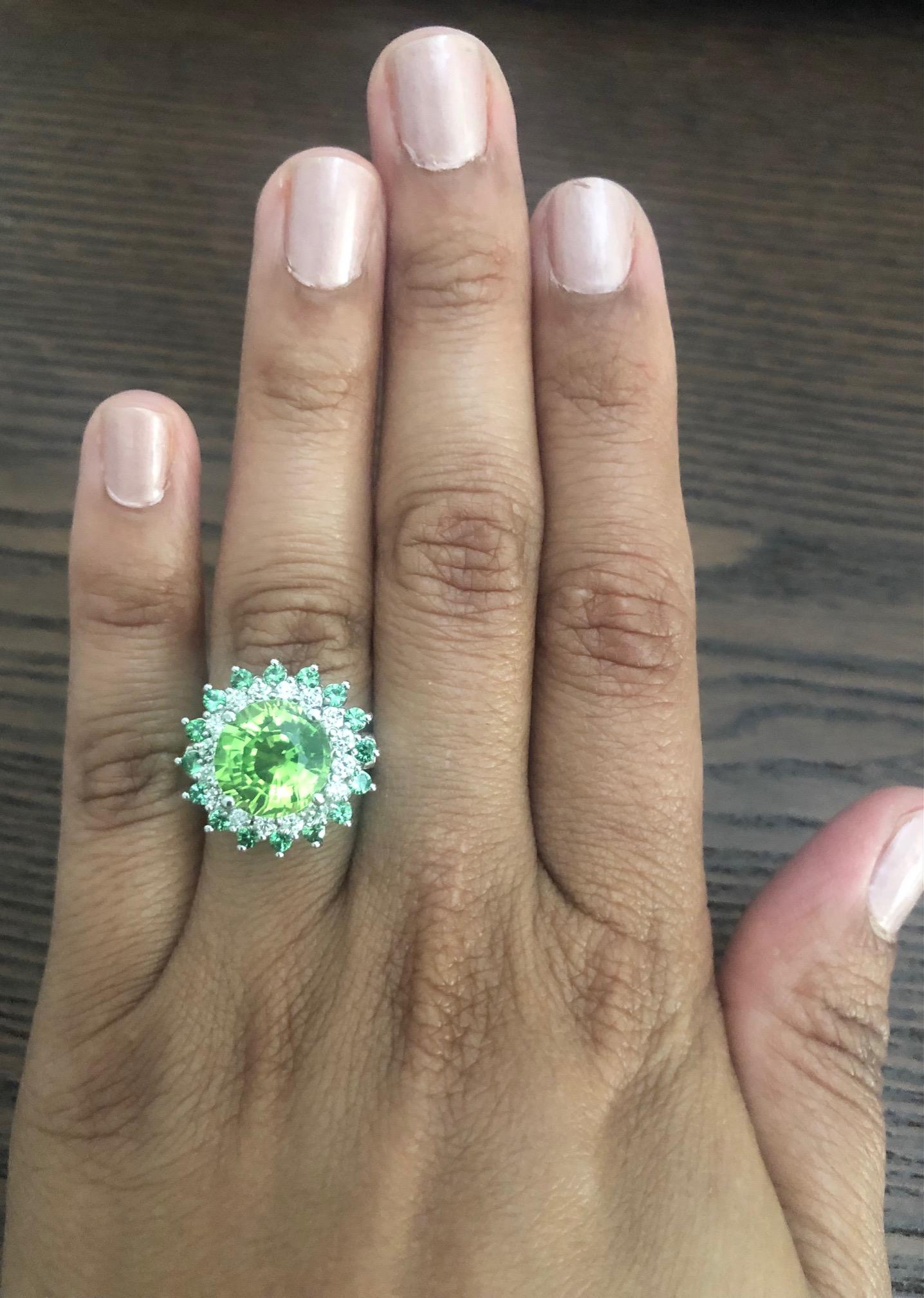 7.33 Carat Peridot Tsavorite Diamond 14 Karat White Gold Cocktail Ring In New Condition For Sale In Los Angeles, CA