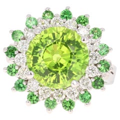 7.33 Carat Peridot Tsavorite Diamond 14 Karat White Gold Cocktail Ring