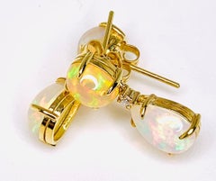 7.33 Carat Total Opal Pear & Diamond Yellow Gold Drop Dangle Post Stud Earrings