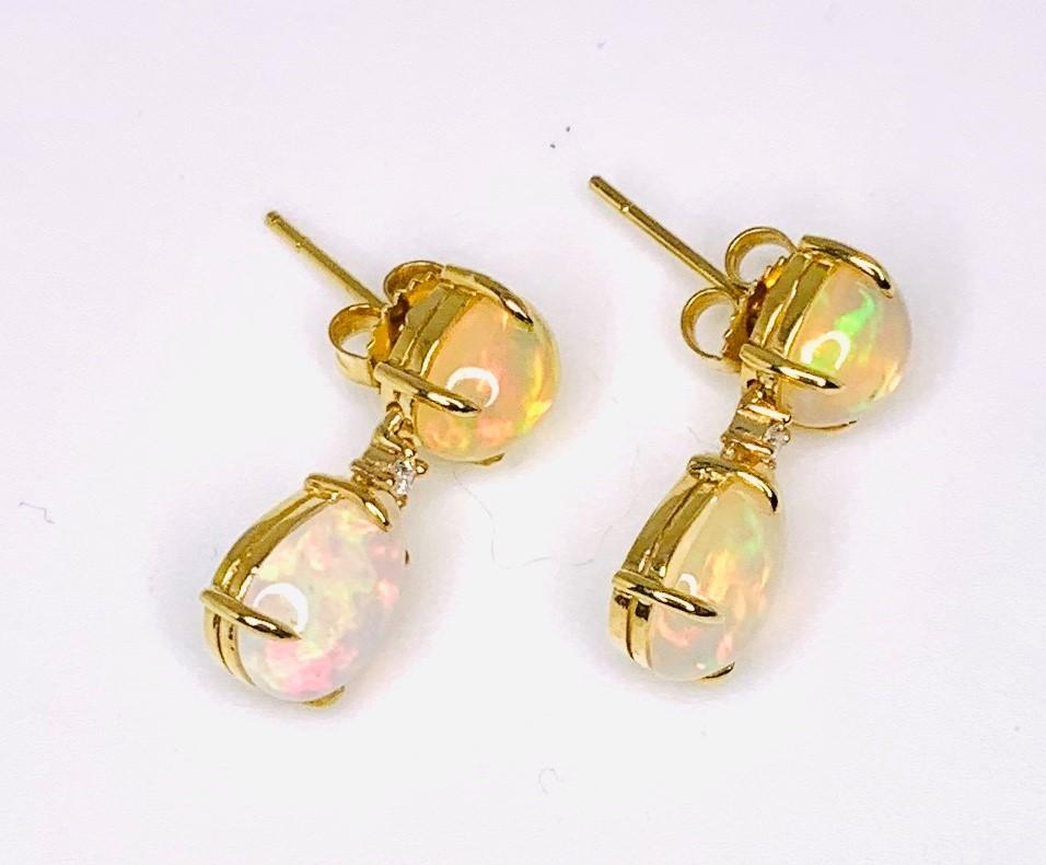 Artisan 7.33 Carat Total Opal Pear & Diamond Yellow Gold Drop Dangle Post Stud Earrings