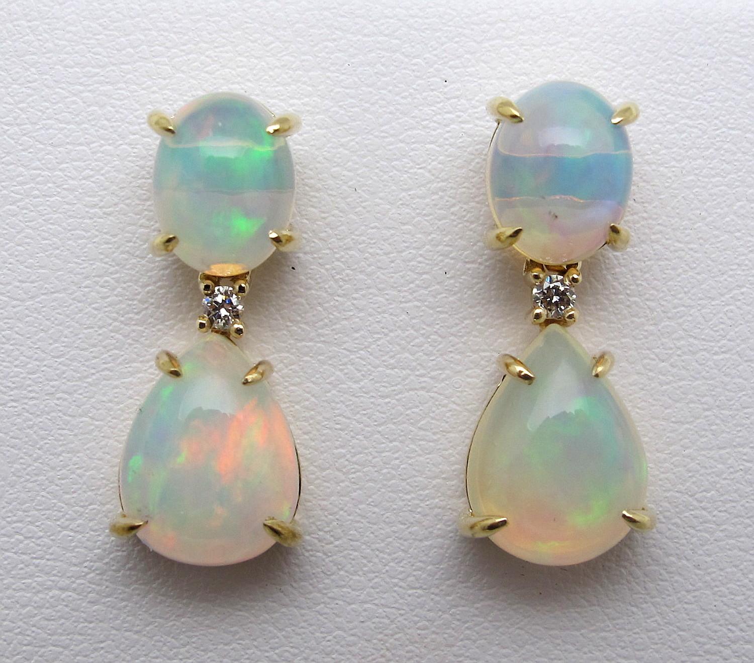 Pear Cut 7.33 Carat Total Opal Pear & Diamond Yellow Gold Drop Dangle Post Stud Earrings
