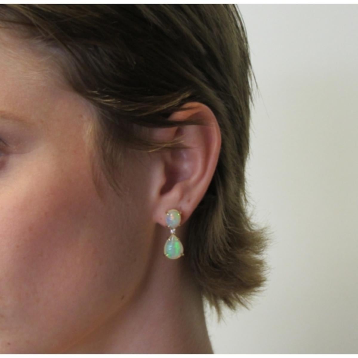 Women's or Men's 7.33 Carat Total Opal Pear & Diamond Yellow Gold Drop Dangle Post Stud Earrings