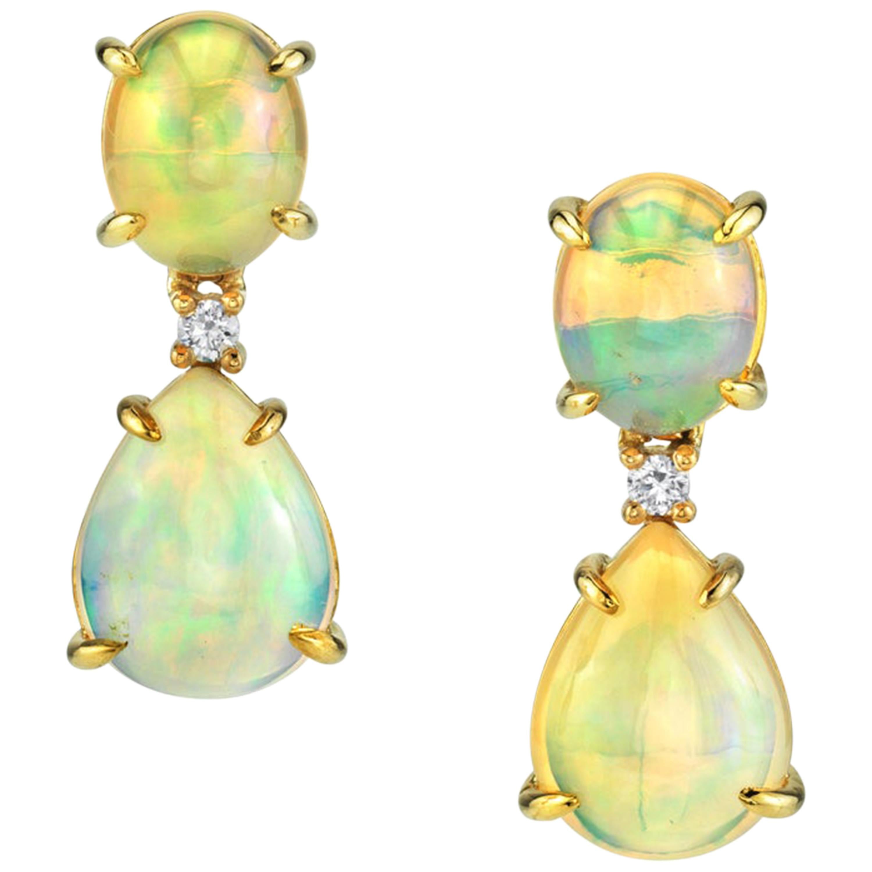 7.33 Carat Total Opal Pear & Diamond Yellow Gold Drop Dangle Post Stud Earrings