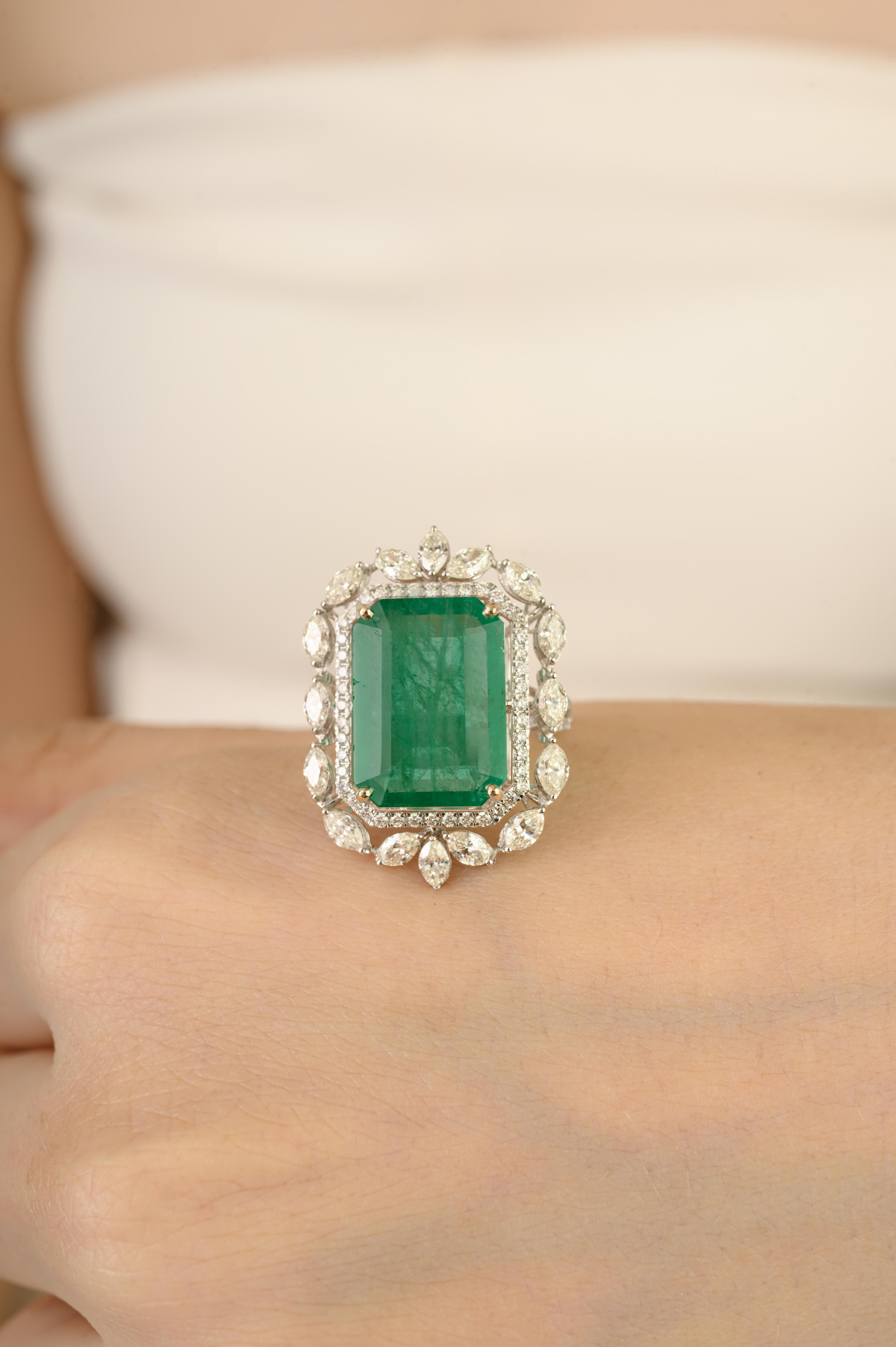 Im Angebot: 7,33 CTW Achteckiger sambischer Smaragd & Diamant Regal Cocktail Ring in 18K Weißgold () 12