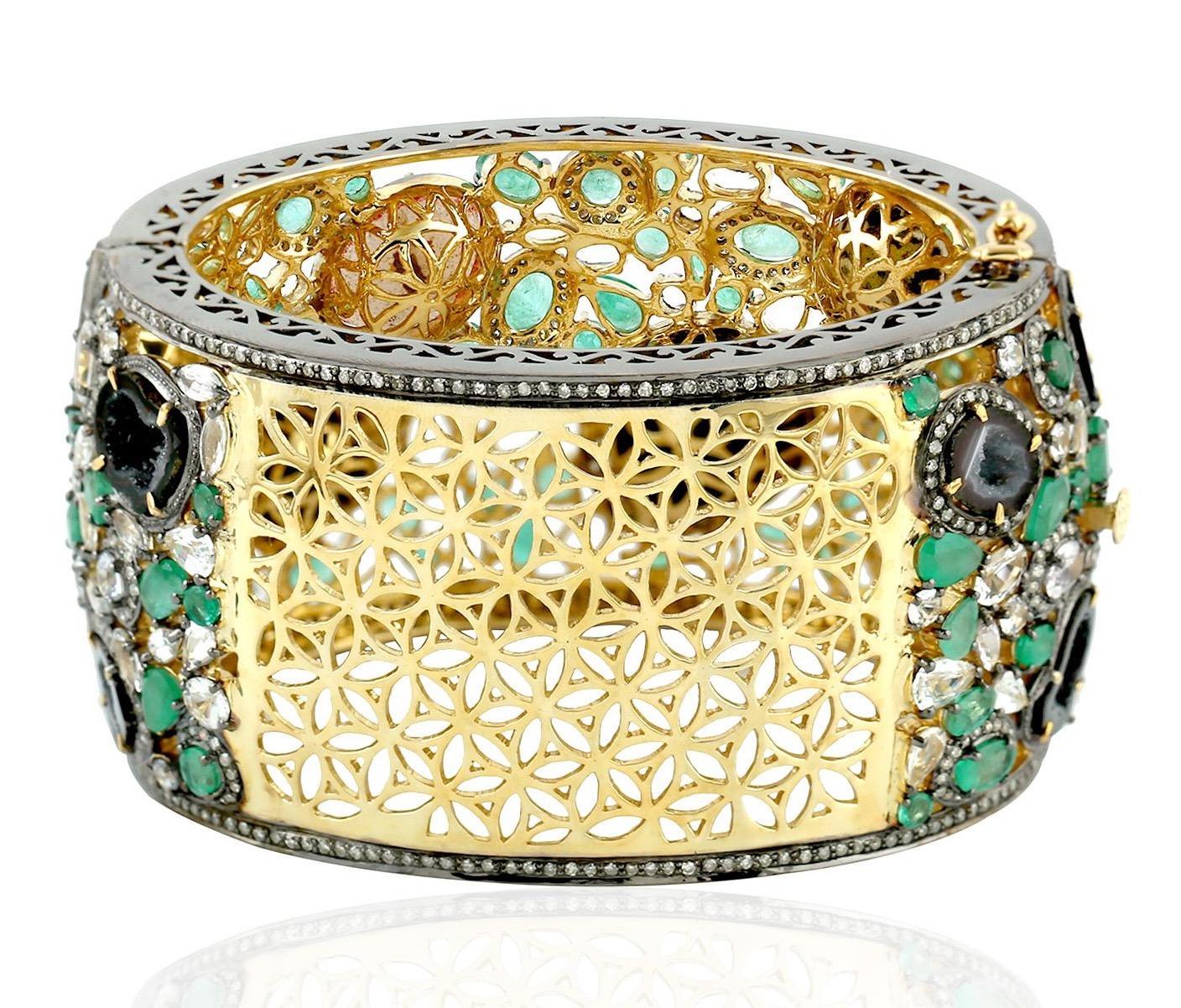 Artisan Geode Druzy Emerald Diamond Bracelet  For Sale