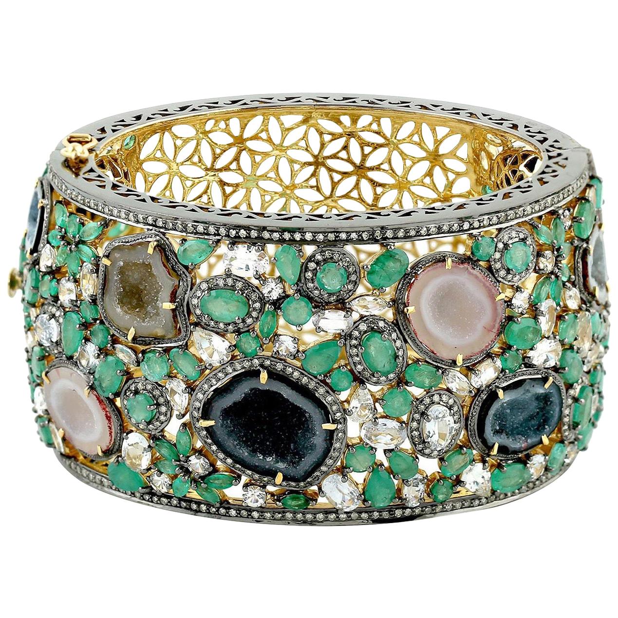 Geode Druzy Emerald Diamond Bracelet  For Sale