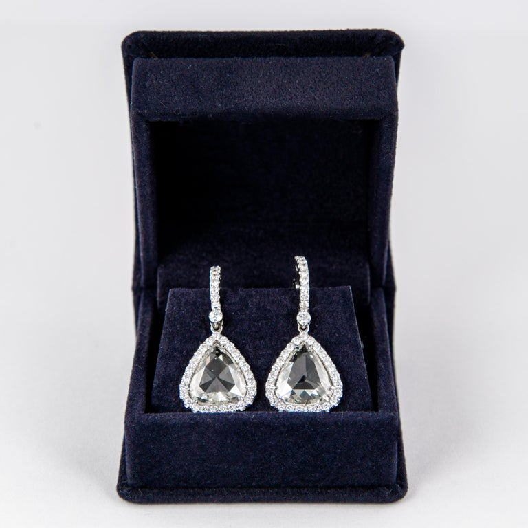 Contemporary 7.33ct Pear Rose Cut Diamond Drop Earrings with Halo 18k White Gold For Sale