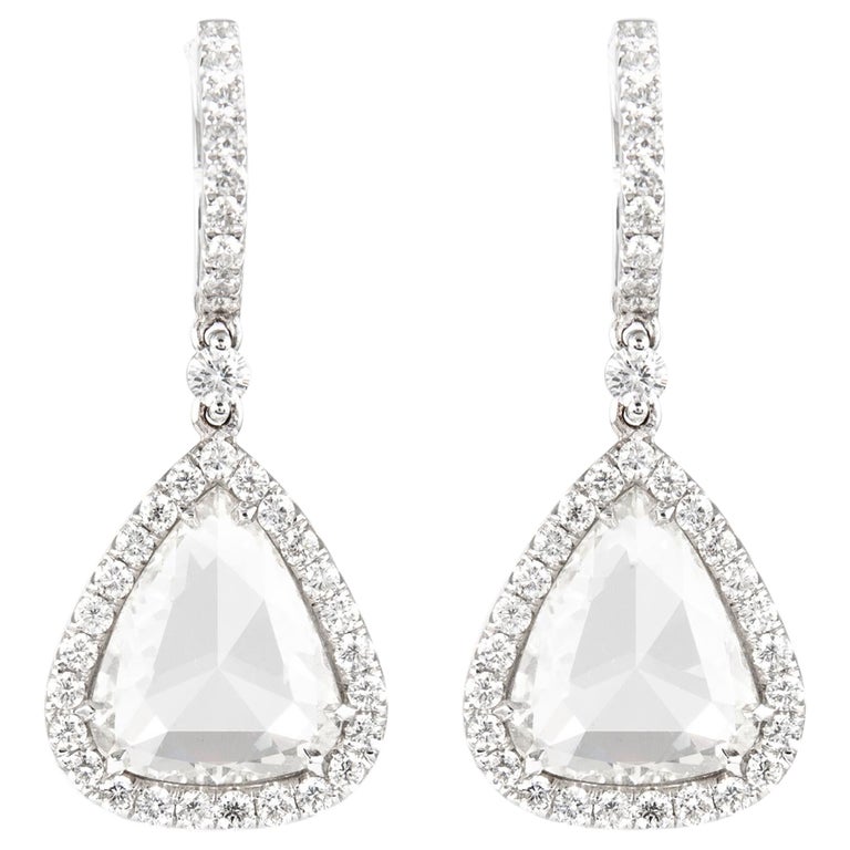 7.33ct Pear Rose Cut Diamond Drop Earrings with Halo 18k White Gold For Sale