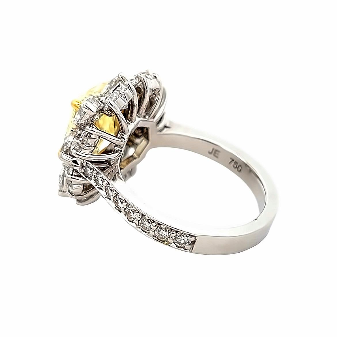 Aesthetic Movement 7.33CT Total Weight Cushion Modified Brilliant Natural Fancy Yellow Even Ring For Sale