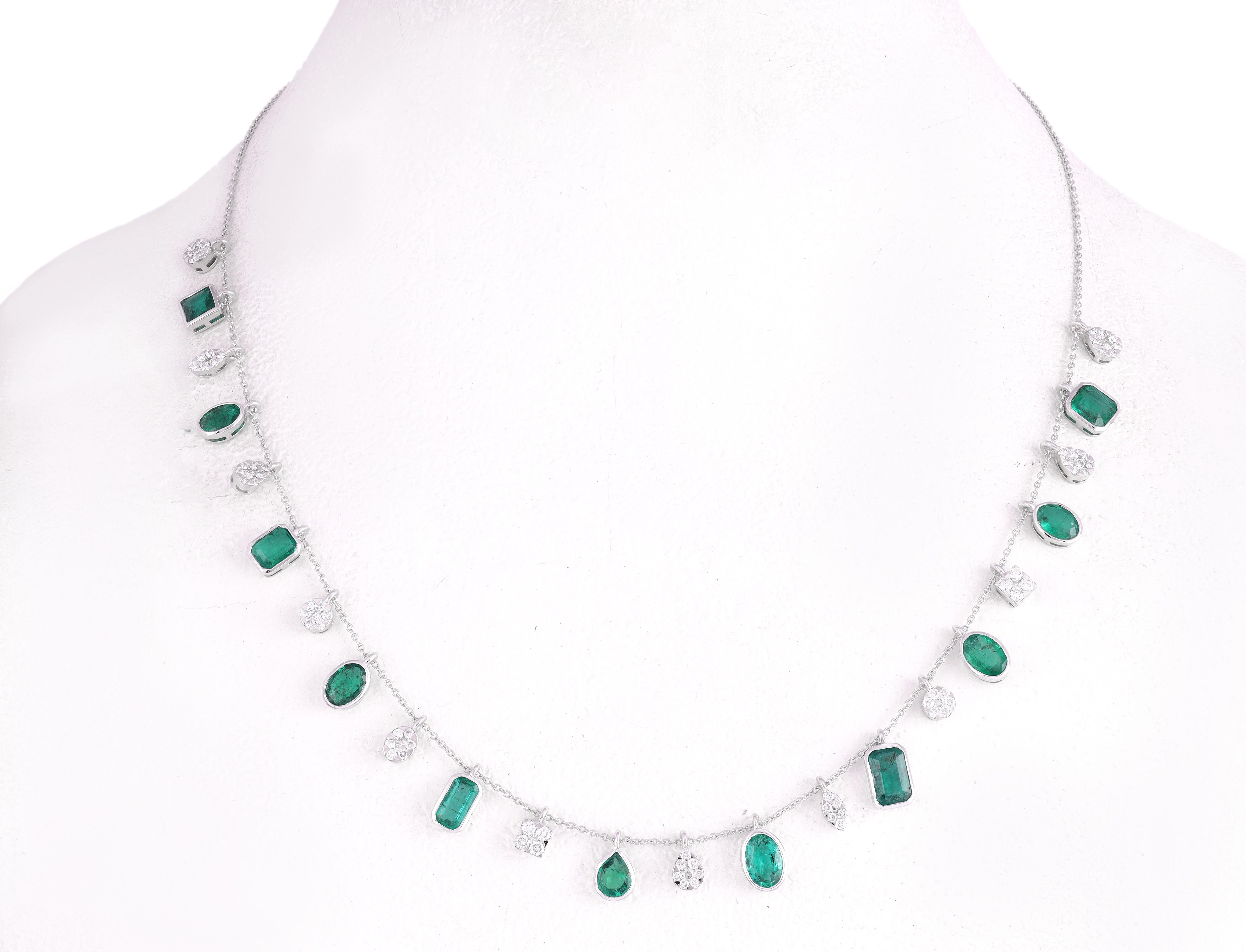  7.34 Carat Emerald & Diamond Chain Necklace in 18k White Gold 
White Gold studded with mix cut Emerald pieces.
Accessorize your look with this elegant Clear Emerald chain necklace. This stunning piece of jewelry instantly elevates a casual look or