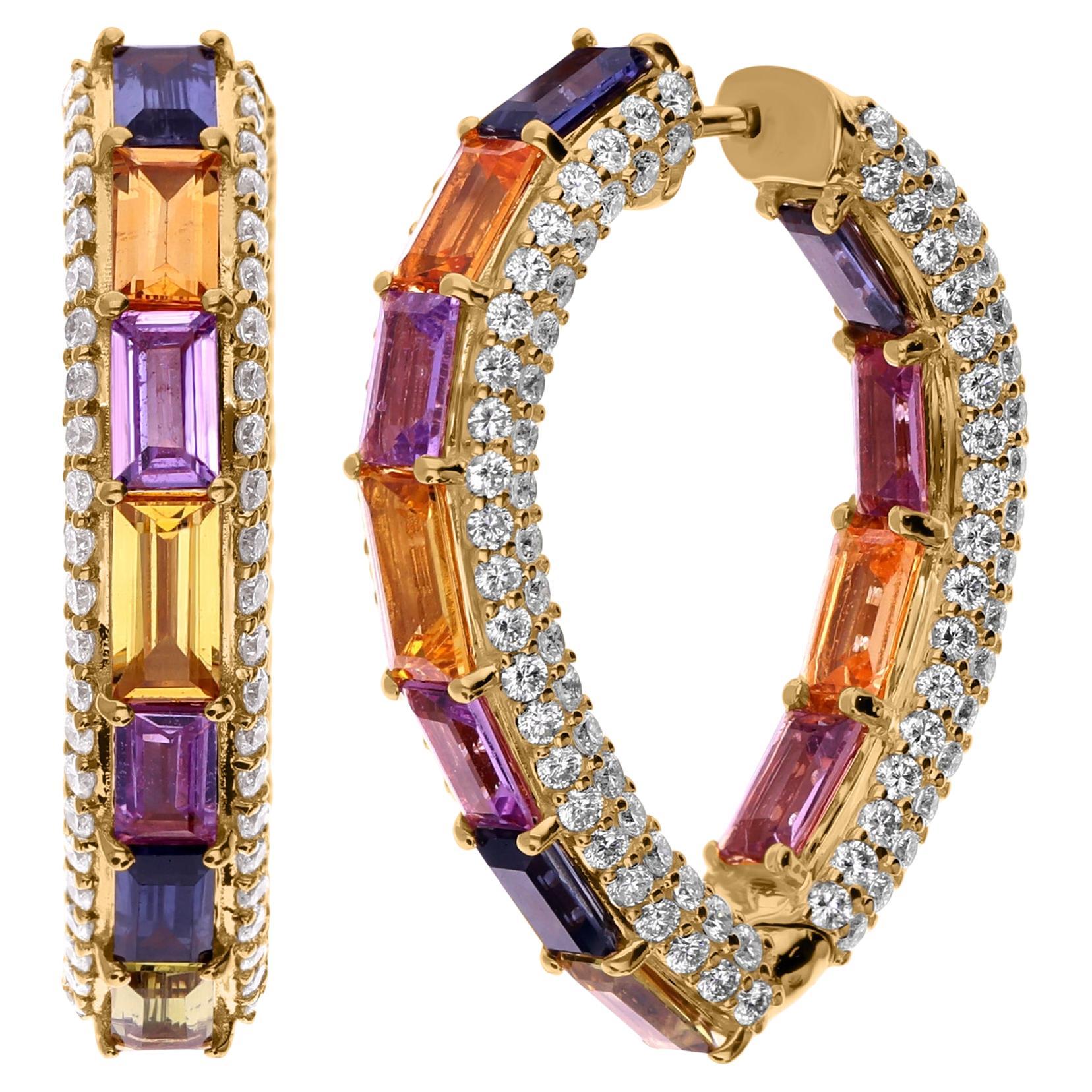 7.34 Carat Multi Sapphire 3.62 Carat SI/H Diamond Earrings 14 Karat Yellow Gold
