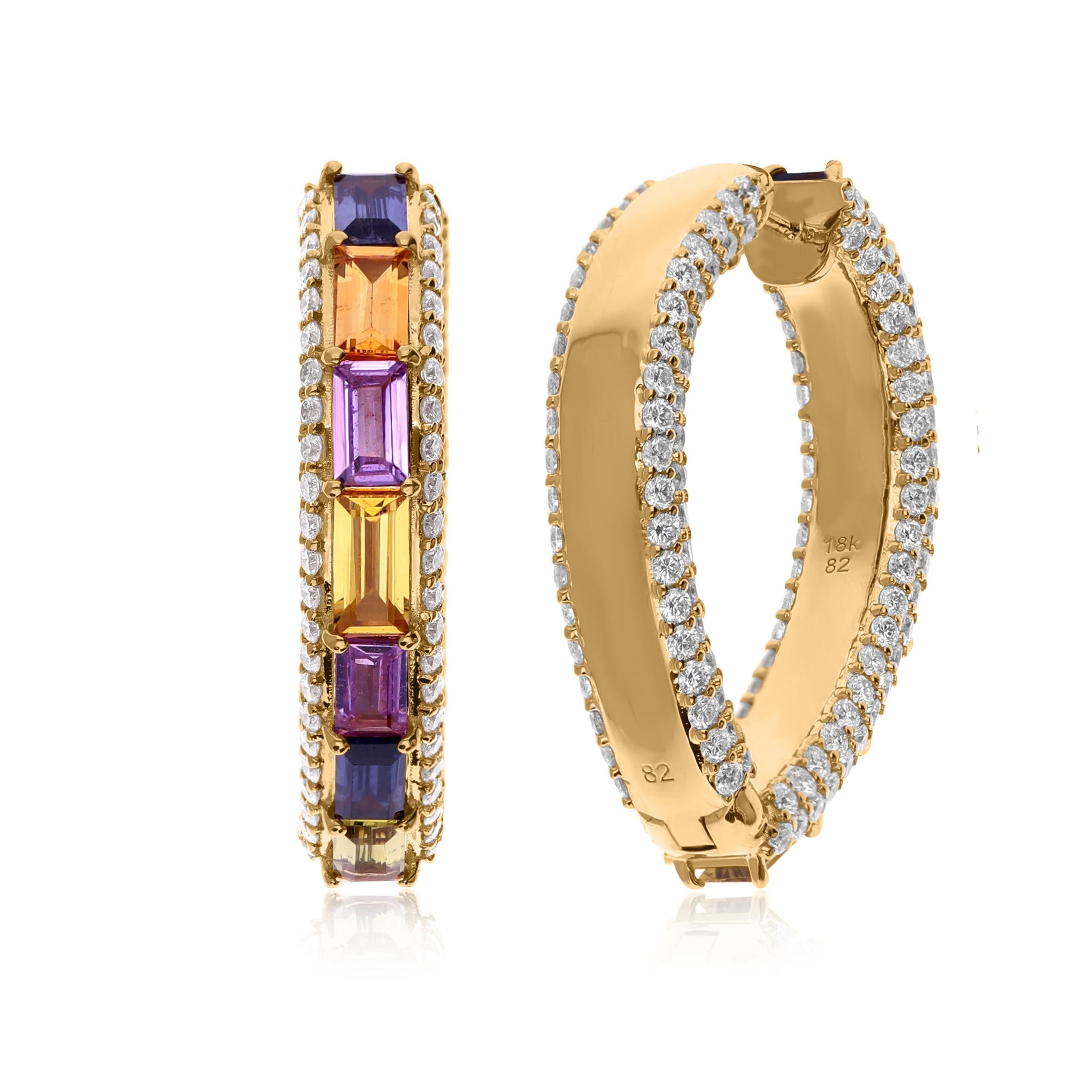 Modern 7.34 Carat Multi Sapphire 3.62 Carat SI/H Diamond Earrings 18 Karat Yellow Gold For Sale