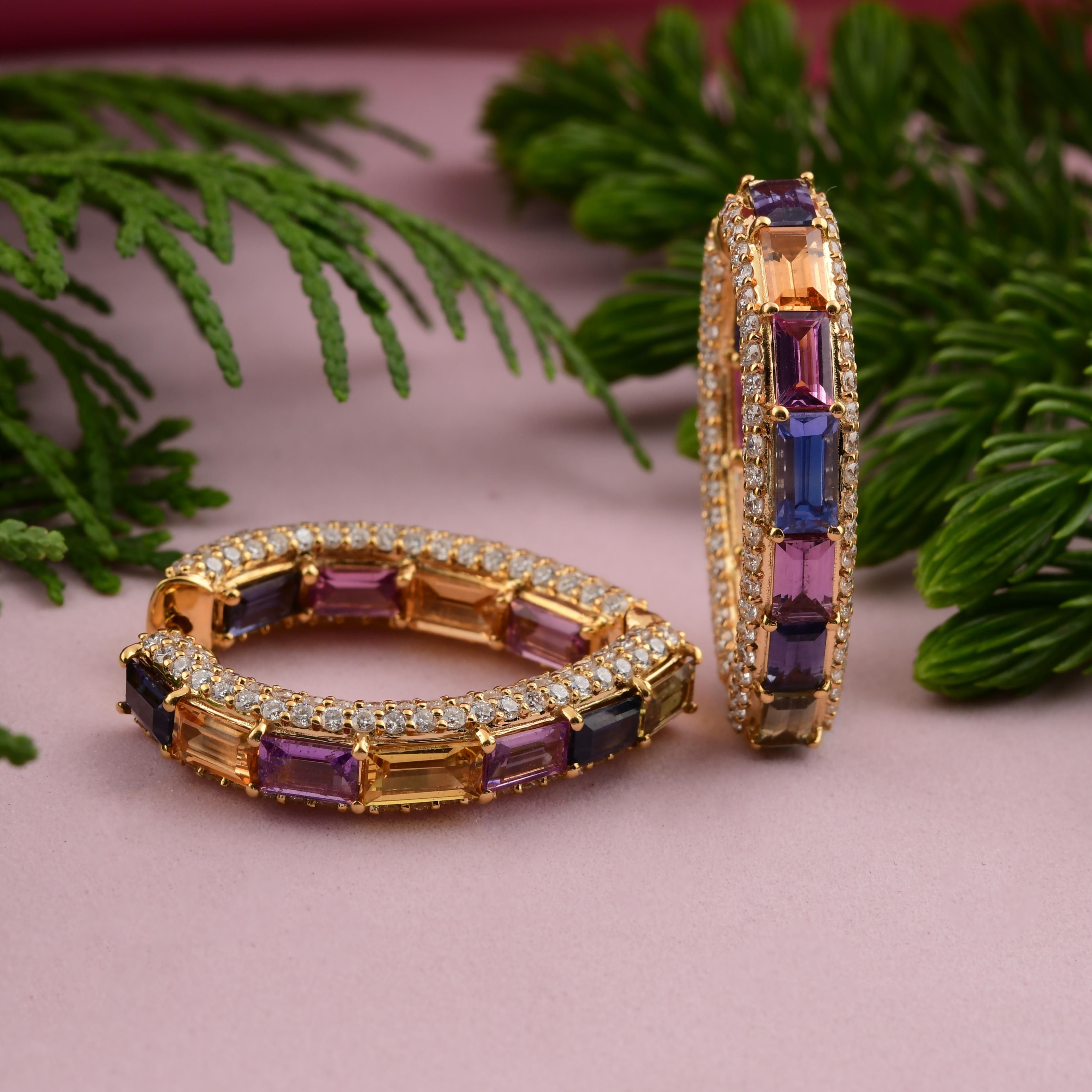 Emerald Cut 7.34 Carat Multi Sapphire 3.62 Carat SI/H Diamond Earrings 18 Karat Yellow Gold For Sale
