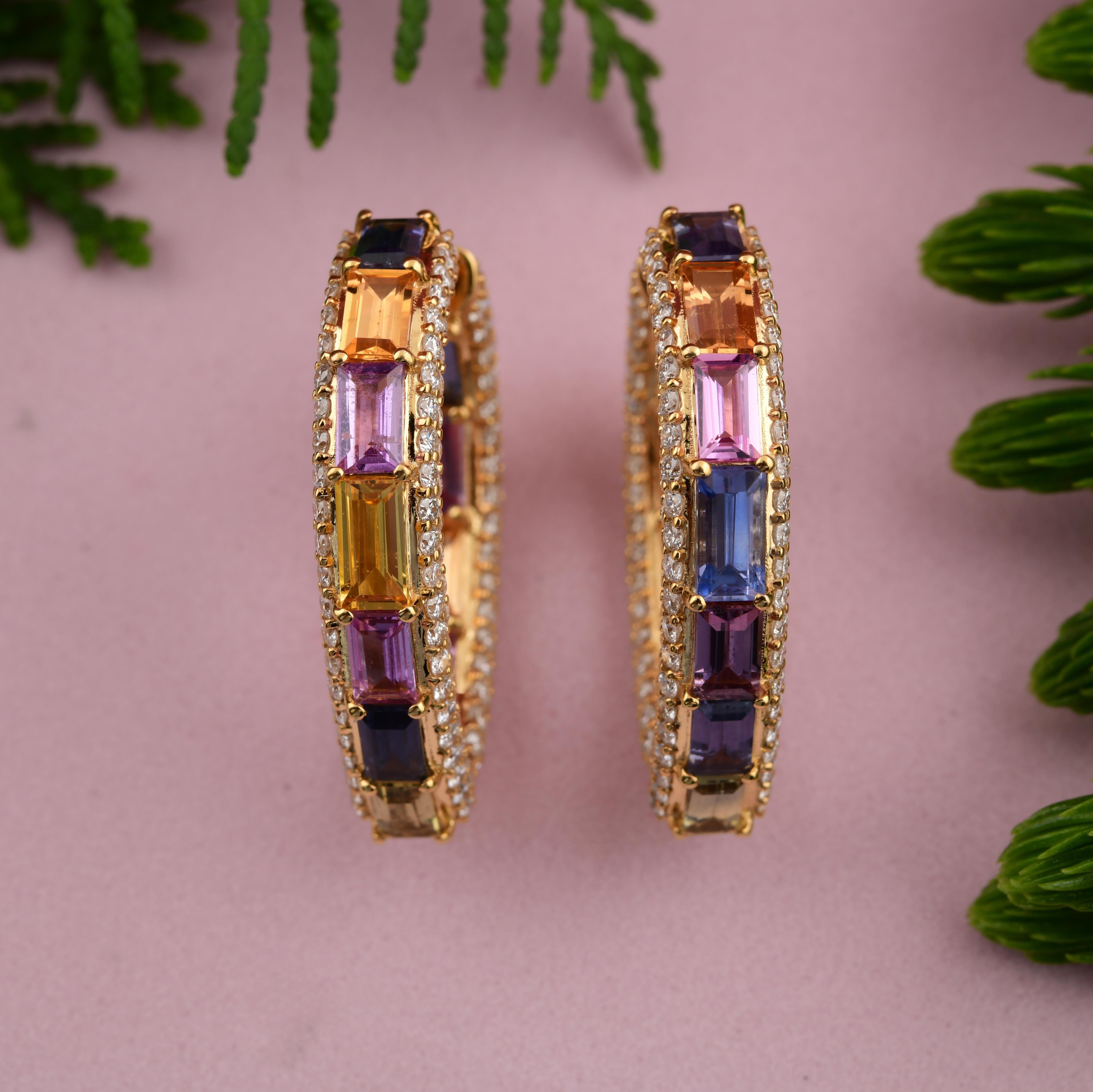 Women's 7.34 Carat Multi Sapphire 3.62 Carat SI/H Diamond Earrings 18 Karat Yellow Gold For Sale