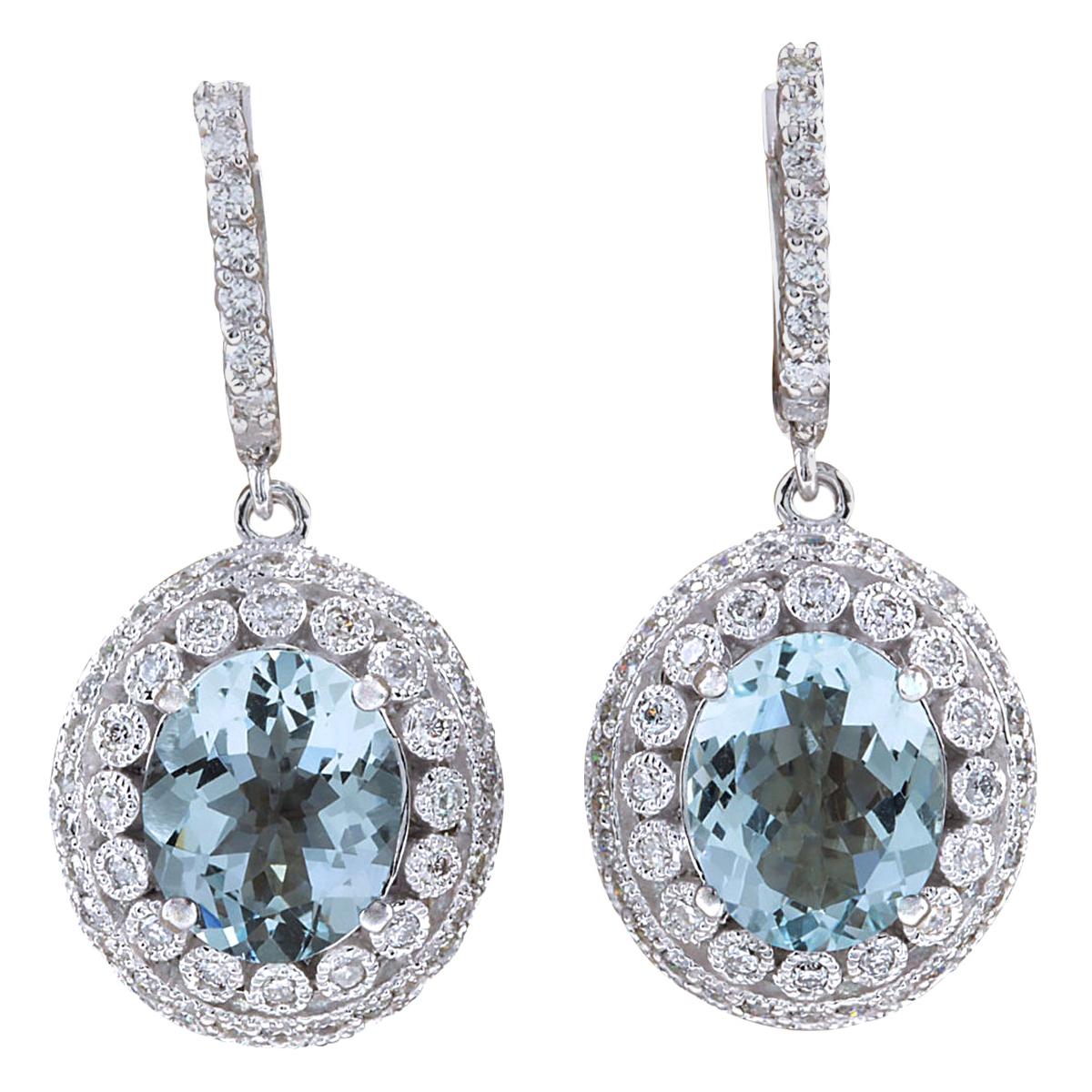 Natural Aquamarine Diamond Earrings In 14 Karat White Gold  For Sale