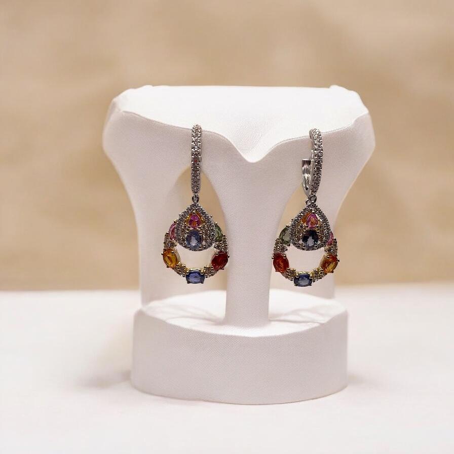 Oval Cut 7.34 Cts Multi-Sapphire and Diamond Double Dangle Earring For Sale