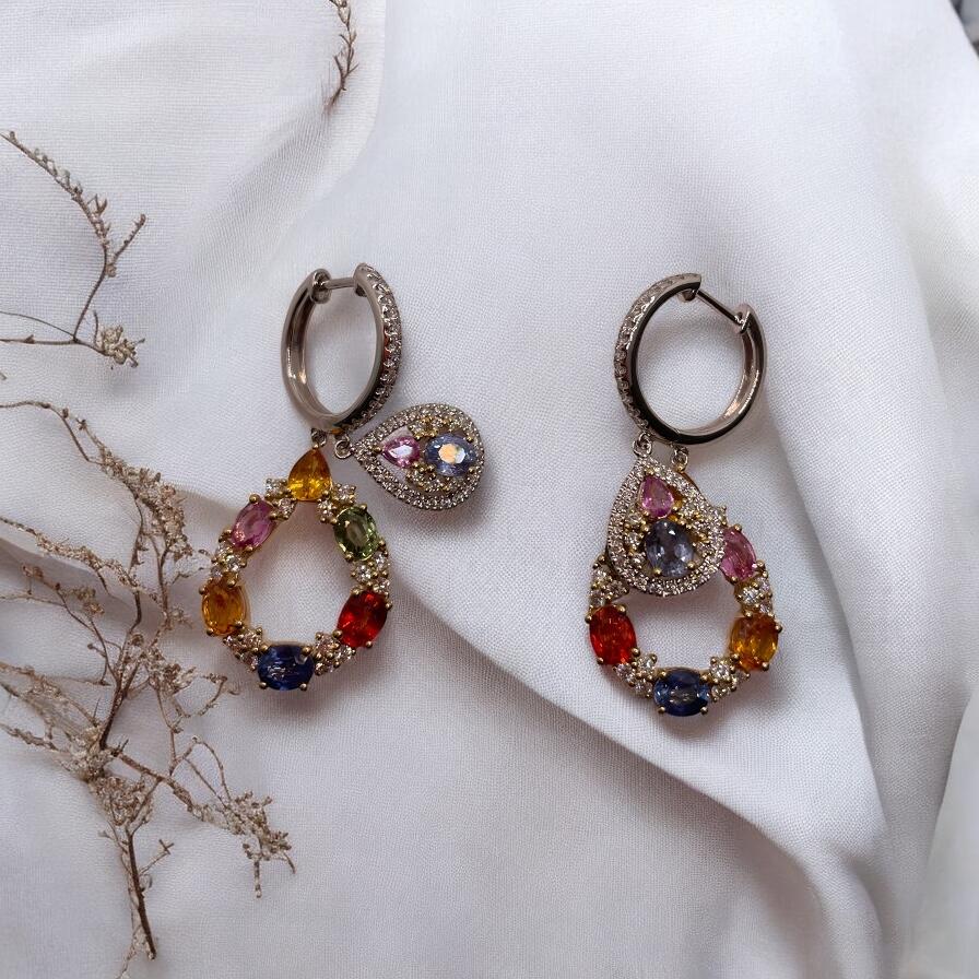 Women's 7.34 Cts Multi-Sapphire and Diamond Double Dangle Earring For Sale