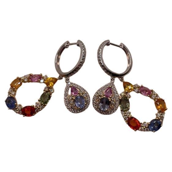 7.34 Cts Multi-Sapphire and Diamond Double Dangle Earring For Sale 1