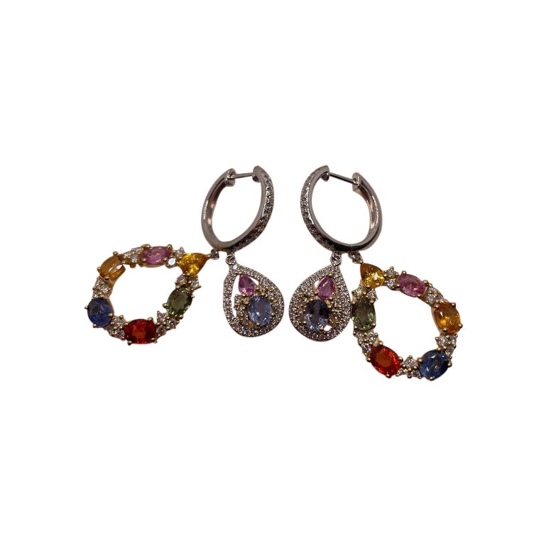 7.34 Cts Multi-Sapphire and Diamond Double Dangle Earring For Sale