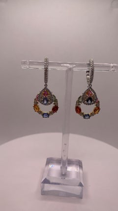 7.34 cts Multi-sapphire & Diamond Hoop Earrings in 18K White Gold